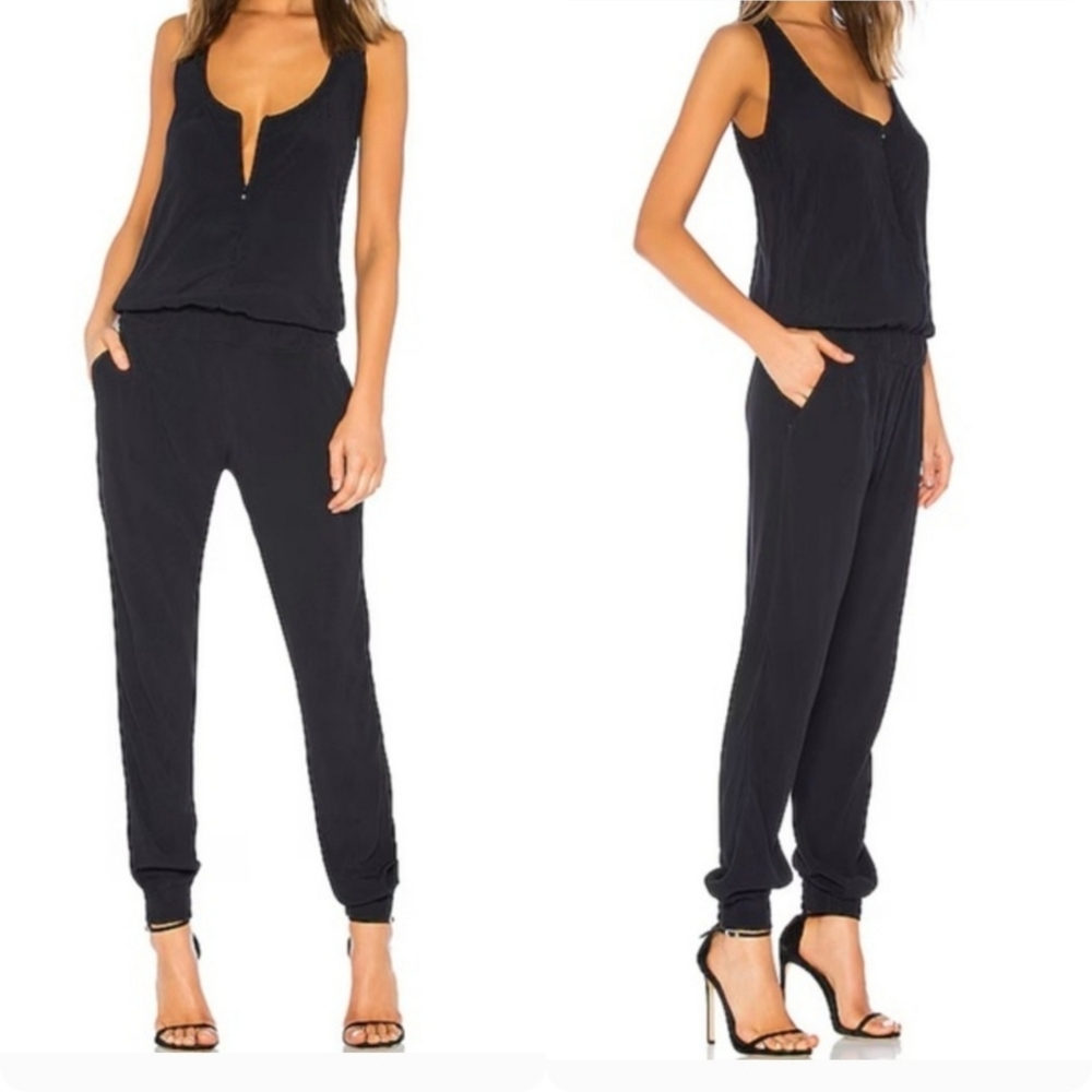 Monrow Crepe Jumpsuit Neptune Womens Small Black Revolve Sleeveless Black
